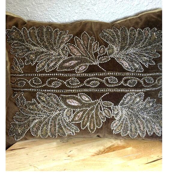 Pier 1 Brown and Gold Beaded Rectangular Shiny Pillow 15 x 12 - Picture 4 of 12